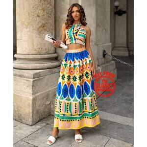 Zara Printed Co Ord Set Halter Top A-Line Midi Skirt Resort Vacation Outfit NWT